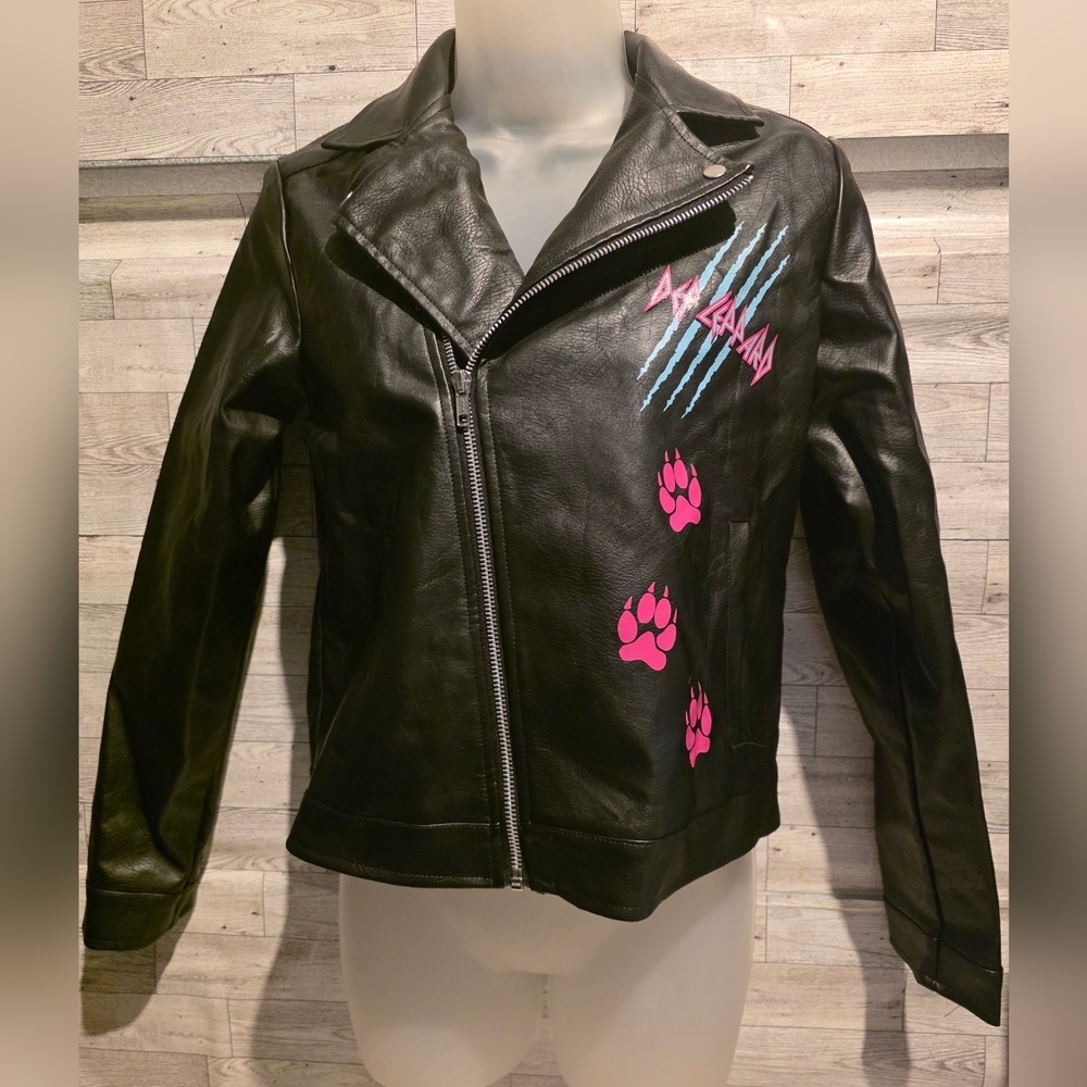 Black Leather Moto Jacket with Pink Paw Print Accents